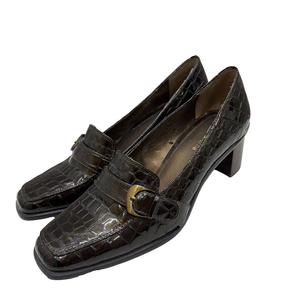 Womens Loafers Size 9 Shoes Brown Croc Buckle Block Heel Patent Leather
